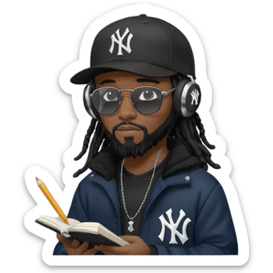 African American man with shoulder length black dreadlocks with black beard wearing black sunglasses wearing a black New York Yankees logo baseball cap wearing a black bubble winter coat wearing headphones writing a rap song in notebook sticker