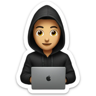 Young man with a black hood behind his laptop sticker