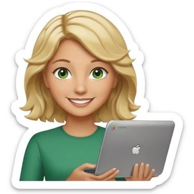 short wavy blonde hair tan skin teacher green eyes woman happy holding chromebook sticker