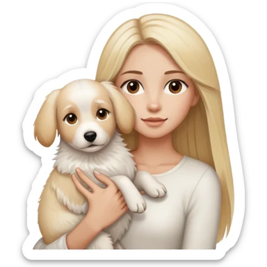 woman with brown eyes and long straight blonde hair and big boobs is holding a very fluffy whit a blonde dog in her arms sticker