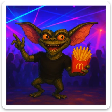 Change the gremlin's see-through shirt to black, keep the techno party and McDonald's fries theme. sticker