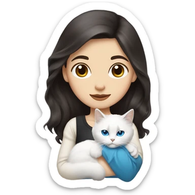 woman with dark hair and holding a all white Siberian cat with blue eyes sticker