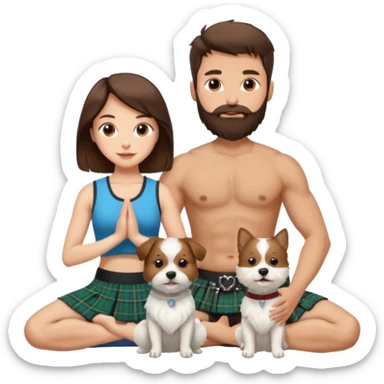 emoji of brunette man with beard wearing kilt, brunette woman in yoga outfit and one white fluffy dog sticker