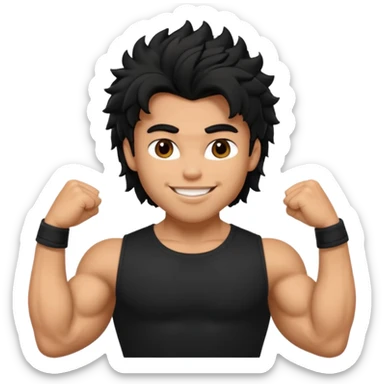 a pretty bratz guy with black hair with big muscles and shaggy hair in a tight black tee smiling sticker