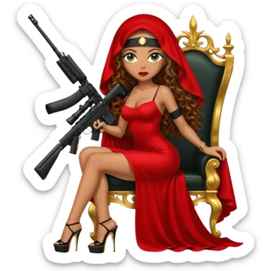 Drug dealer female green eyes symbol.  hair is brown curly long hair. sexy long with long red and black dress and face veil on that covers her mouth only. black stiletto platform high heels shoes on. Holding sniper rifle sitting on a gold throne. sticker