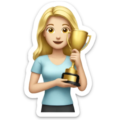 a white women holding gold trophy sticker