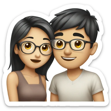 Pretty Asian girl kissing Asian boy with glasses on cheek sticker