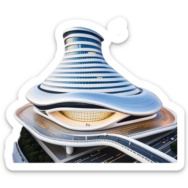 Realistic Dongdaemun Design Plaza (DDP) Landmark Emoji, featuring the iconic curving silver structure with futuristic architecture, illuminated pathways, and a sleek modern design set against the Seoul cityscape. sticker
