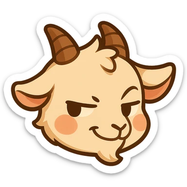 Chibi style goat head only, looking to the side with a little smirk and mischievous expression, slight blush on cheeks, same head shape and crop as the reference image, white background, designed for a small emote. sticker