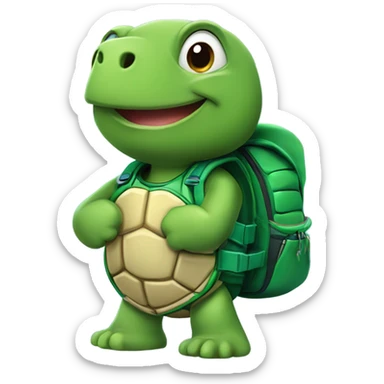 He is a stylized turtle representing persistence and kindness. The main color is green, symbolizing hope. He has a warm smile and always carries a small backpack with balls and medals. He wears a fun sports uniform. sticker