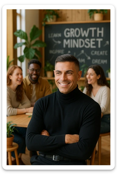 A confident man sitting in a cozy, modern coworking space, surrounded by positive, driven people engaged in creative conversation. He listens, learns, and occasionally smiles, visibly elevated by their presence. Behind him, a chalkboard or whiteboard with empowering words and ideas. The environment is filled with natural light, plants, and soft wooden textures. The atmosphere suggests emotional growth, support, and personal development. sticker