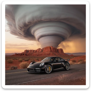 A modern desert mountain, wallpaper, modern, porsche 911, sunset, arizona desert, tornado in background sticker