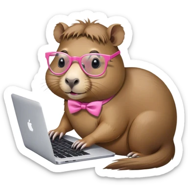 capivara de óculos e laço cor de rosa mexendo no macbook sticker