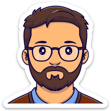 male with glasses, French cut hairstyle, brown hair, fine full beard sticker