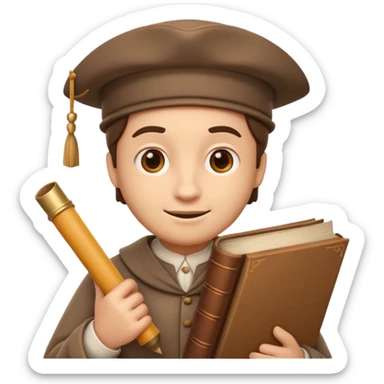 Apple Memoji-style 3D emoji of a historian holding scrolls or old books, soft shading, rounded shapes, no background.
 sticker
