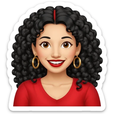 40 yr old peruvian woman, very curly long black hair, red lipstick, big smile, white teeth, brown eyes, hoop earings, hair parted at side sticker