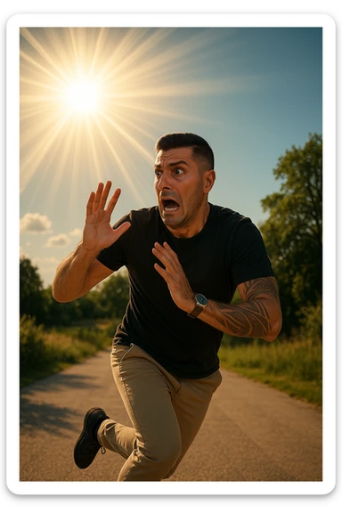 Uomo che corre via dal sole spaventato perchè pensa sia nocivo realistica sticker