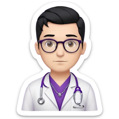 Male doctor glasses black hair, piercings and tatoos, violet uniform and white bata sticker
