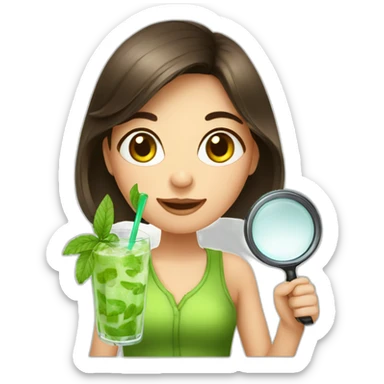 brunette girl with left magnifying glass and right mojito sticker