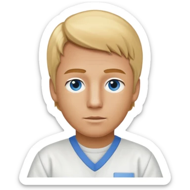 Phillip Morris with golden blonde hair, blue eyes, white inmate outfit sticker