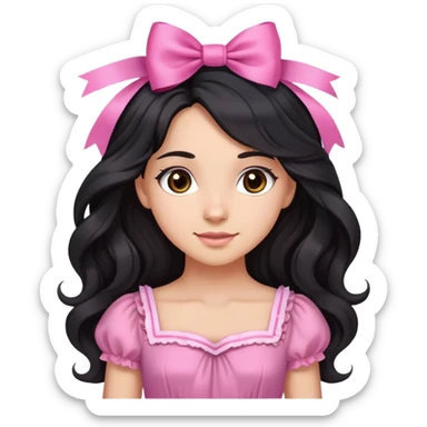 Beautiful girl with long wavy black hair, brown eyes, light skin, slight smile, pink ribbon in hair, and pink dress sticker