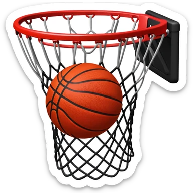 Red and black basketball halfway through net, freeze frame moment, iOS emoji style sticker