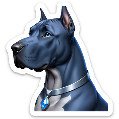 Cinematic Noble Blue Great Dane Portrait Emoji, Poised and regal, with a towering, muscular build and a sleek, well-groomed deep blue Fur, deep-set soulful steel-blue eyes, Simplified yet sharp and sophisticated features, highly detailed, glowing with a cool, dignified glow, high shine, intelligent and commanding, stylized with an air of majesty, focused and attentive, soft glowing outline, capturing the essence of a watchful and authoritative guardian, so majestic it feels as though it could stride out of the screen with effortless authority! sticker