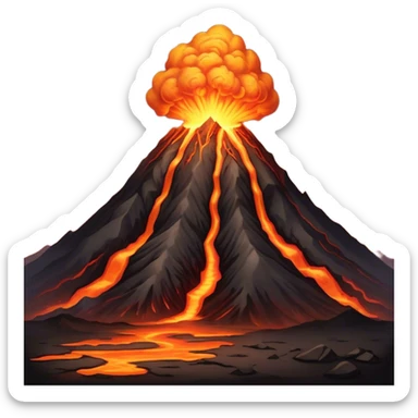 Cinematic Realistic Volcano Emoji, Powerful and awe-inspiring, with molten lava flowing from its jagged, smoking peak, casting an orange glow in the surrounding darkness. The landscape around it is barren and rocky, with clouds of ash rising into the sky. Soft glowing outline, capturing the essence of raw power and fiery energy in a towering volcano. sticker