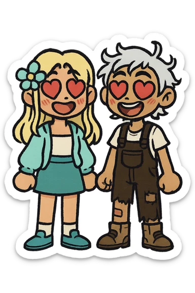 Create a couple image of these two cartoon characters standing side by side, both with heart eyes and big smiles, matching their style, transparent background. sticker