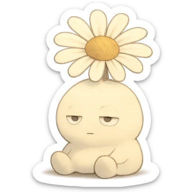 creamy white daisy flower with sleepy half-lidded eyes, sitting down with a blank stare, extremely soft round pastel character, soft Ghibli style sticker