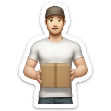 Pale skinned fit Man with dark brown hair in a light gray cap, dark brown jeans, brown polo and white T-shirt keeping a pasted with tape white box into his hands sticker