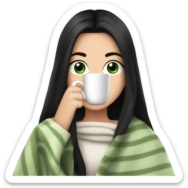A pretty white girl with very long black hair and green eyes in a light pink blanket sipping coffee sticker