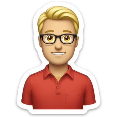 man with blond hair, white skin, wearing glasses, clean-shaven, wearing a red shirt sticker