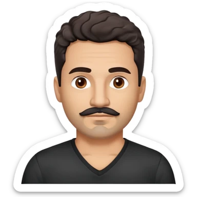 Hispanic man in his 40s with light cinnamon skin. Structured face with defined jawline. Calm brown eyes. Natural thick eyebrows. Connected mustache and chin beard (goatee) in black with a few gray hairs. Short curly dark hair. Wearing a black V-neck t-shirt. sticker