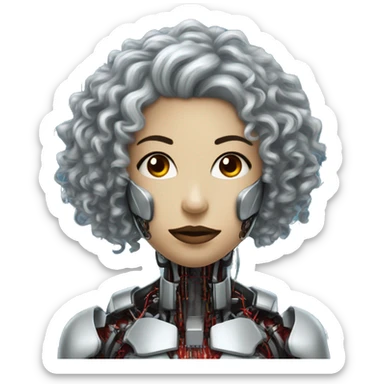 Silver curly hair female cyborg head with red mask and circuits sticker