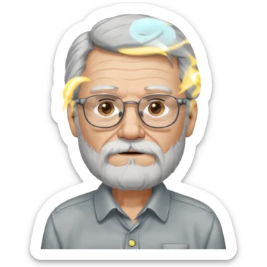 old man with long hair and beard wearing glasses with shirt sticker