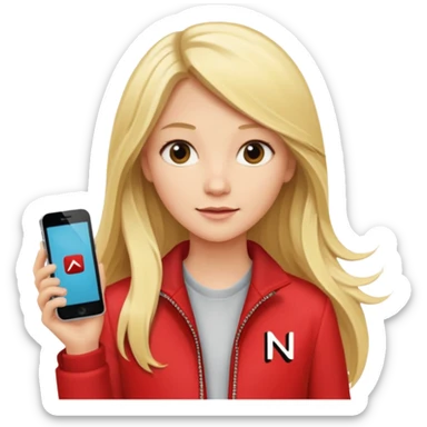 mujer  joven rubia con pelo largo y saco rojo con modem de internet y wifi con netflix sticker