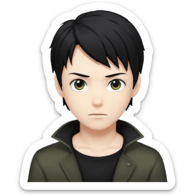 White male, black anime hair, black hunter eyes, black shirt sticker