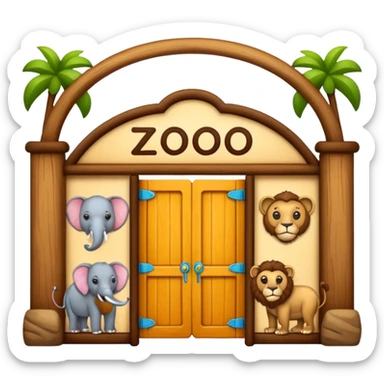classic emoji-style wooden zoo entrance with the word 'zoo' and four animals: elephant, lion, kangaroo, and monkey, genuine emoji look, not AI-generated sticker