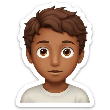 A young boy with wavy brown hair, large expressive eyes, and freckles across his cheeks. He has a curious and adventurous expression, with slightly raised eyebrows and a gentle smile sticker