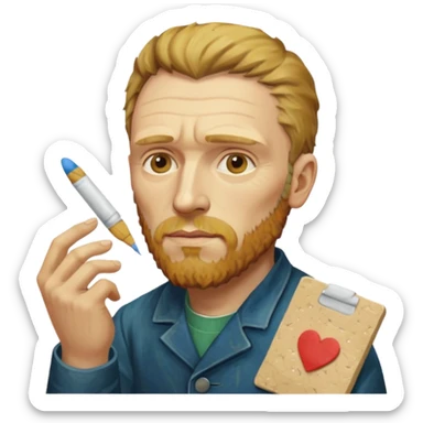 van gogh paints on a canvas. On his right he has a band-aid sticker