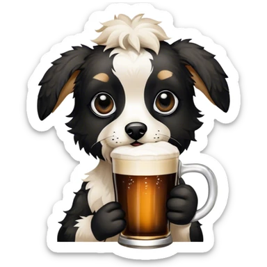 Black Puppy. Jackapoo. White and black face. Black pointy floppy ears. Black circles around eyes. Holding a Guinness beer. The dog does not have brown hair sticker