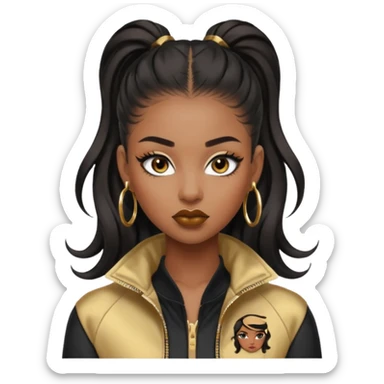 “black Emoji girl, fierce confident expression, sharp black winged eyeliner, bold brows, matte nude lips, long curled lashes, sleek high ponytail, gold hoop earrings, sporty streetwear jacket.” sticker