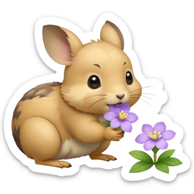small round pika on all fours, turned at an angle, biting a small light purple flower in its mouth sticker