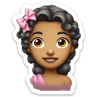 a cute pointing her mouth looking in the camera with a coquette bow in her head sticker