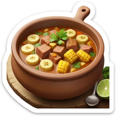 Cinematic Realistic Sancocho Antioqueño Emoji, depicting a hearty Colombian stew brimming with tender cuts of meat, yuca, plantains, corn on the cob, and potatoes in a rich, flavorful broth. Served in a rustic clay bowl with fresh cilantro and lime on the side, rendered with warm, inviting textures and homely, comforting lighting. sticker