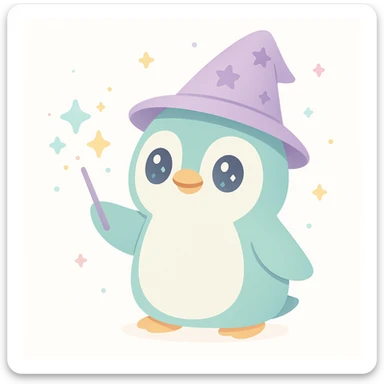 whimsical penguin wizard casting a spell with sparkles sticker