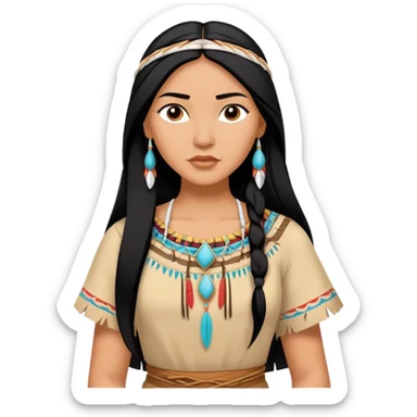 Pocahontas from hips up, Native American dress, long black hair, minimal style, larger size sticker