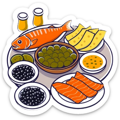 скатерть самобранка with a festive table setting including caviar, smoked fish, and pickles sticker