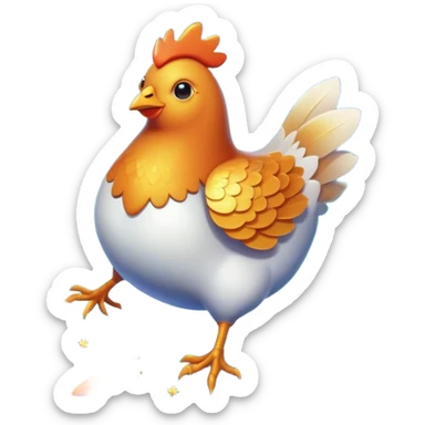 Magical ethereal chicken, fish, and carrot floating in a cosmic space, connected by golden energy beams to a healthy eye, radiant skin, and glowing immune shield sticker